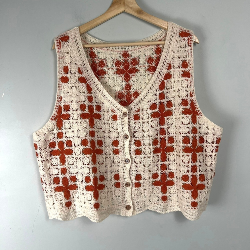 Vintage Crochet Knit Vest 2XL Cream Burnt Orange Floral Granny Square Cottage
